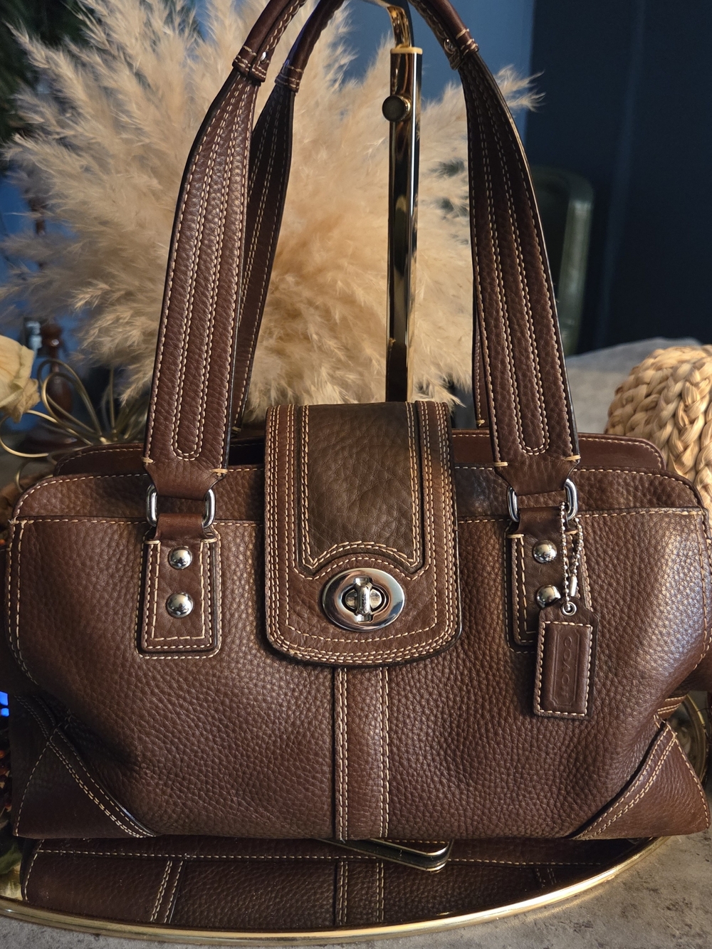 Coach Hamptons Milled Leather Satchel Carryall Bag F13961 - Brown